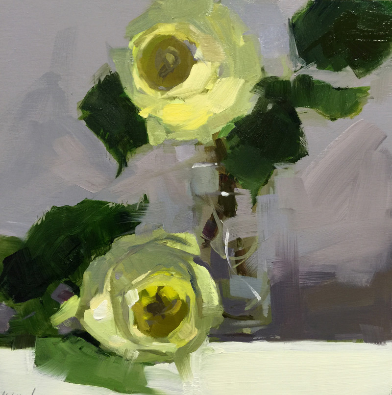 Yellow Rose Duo Oil on Panel by Monique Lazard