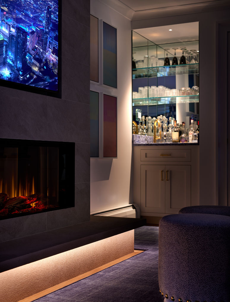 Home interior bar cabinet lighting and design - Sandra Morgan Interiors and Art Prive Gallery, Greenwich CT