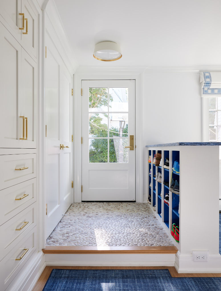 Back door foyer and shoe rack design - Sandra Morgan Interiors and Art Prive Gallery, Greenwich CT